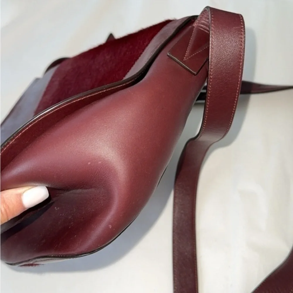 Vince‎ Maroon Burgundy Calf Hair Leather Rounded Crossbody Saddle Bag